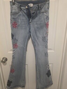 Women’s Light Blue Embroidered OH Floral Flare Jeans